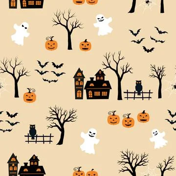 Halloween theme seamless pattern on orange black and white color for decorati Stock Illustration