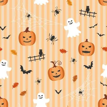 Halloween theme seamless pattern on orange background Stock Illustration
