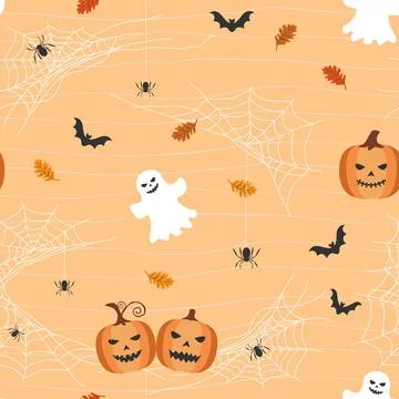 Halloween theme seamless pattern with pumpkins,bats,ghosts and spiderweb on o Illustrazione stock
