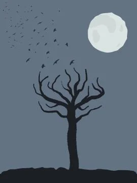 Halloween theme - spooky tree shape, birds taking off and full moon. Scary pl 스톡 일러스트