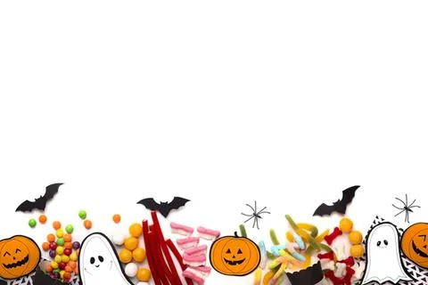 Halloween themed border with ghosts pumpkins and bats Stock Photos