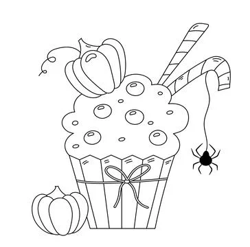 Halloween Themed Coloring Page Featuring A Cupcake With Pumpkins Stock Illustration