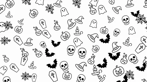 Halloween themed doodle pattern featuring spooky skulls bats and spider webs Stock Footage 319317885