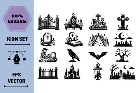 Halloween Themed Graveyard Icon Set Featuring Spooky Elements in Vector Gra.. Stock Illustration