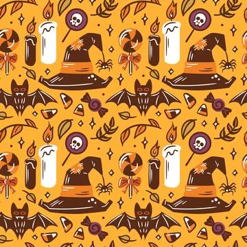 Halloween Themed Pattern featuring an array of Spooky Elements for a festive Stock Illustration