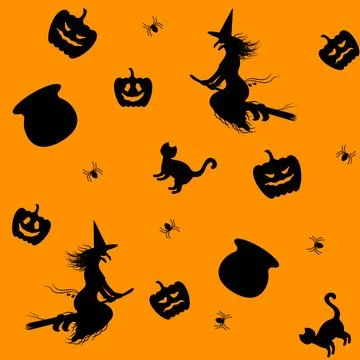 A Halloween-themed pattern featuring silhouettes of a witch flying on a broo Stock Illustration