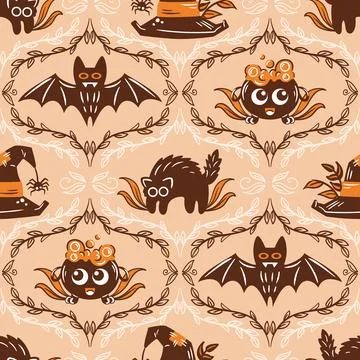 Halloween themed pattern with lots of spooky elements to create a festive Illustrazione stock