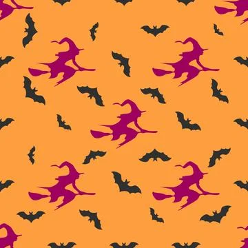A Halloween themed pattern of witches flying on broomsticks and bats Stock Illustration