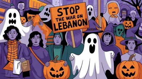A Halloween-themed protest featuring ghosts and witches holding signs in a .. Illustrazione stock