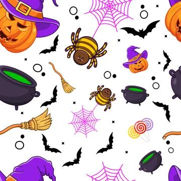 Halloween themed seamless pattern with pumpkins, spiders, and witch elements Stock Illustration