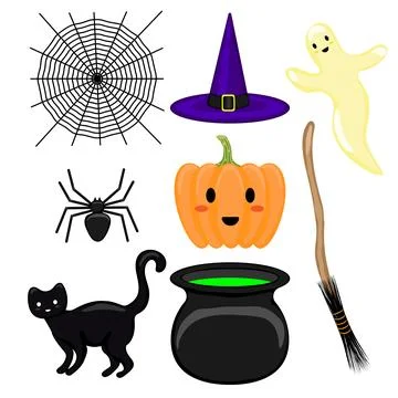 Halloween-themed set. Pumpkin, hat, broom, black cat, spider, web, ghost, ca Stock Illustration