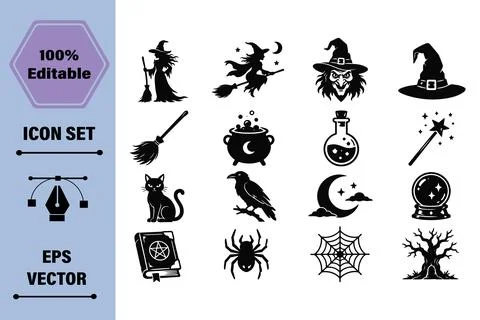 Halloween Themed Witchcraft and Magic Icon Set Collection for Graphic Design Illustrazione stock