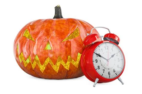 Halloween time. Pumpkin with alarmclock, 3D rendering Stock Illustration