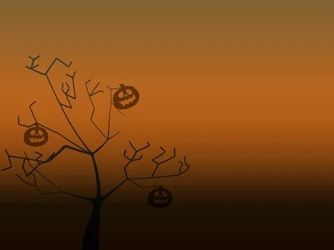 Halloween tree with carved pumpkin faces and orange smoke background Stock Illustration