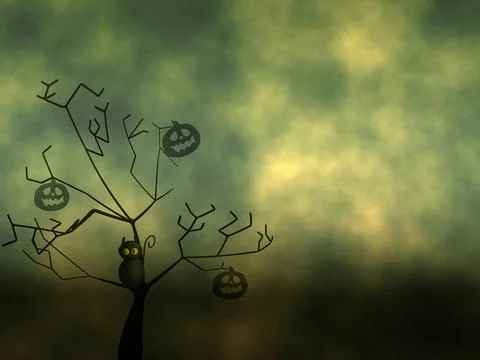Halloween tree with carved pumpkin faces and black cat orange smoke background Stock Illustration