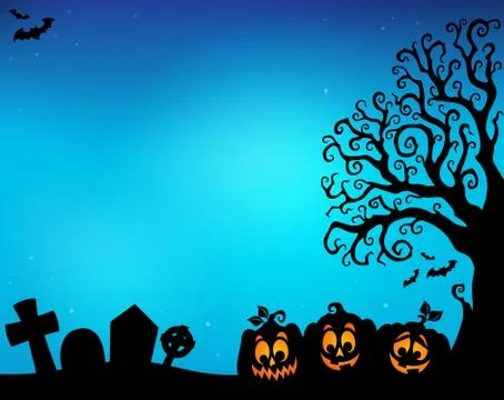 Halloween tree half silhouette theme Stock Illustration