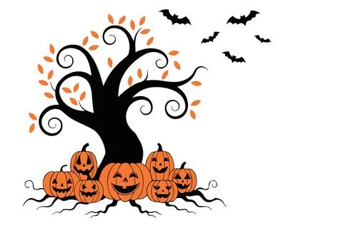 Halloween tree with jack o lantern pumpkins and bats vector Stock Illustration