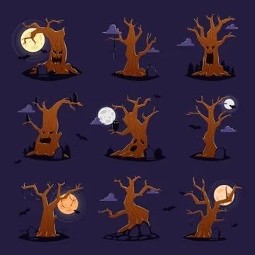 Halloween tree vector scary character treetops of horror in spooky forest 스톡 일러스트