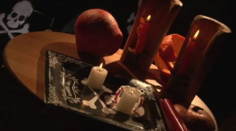 Halloween vampire dinner table with burning candles Stock Footage 68019163