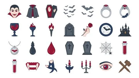 Halloween vampire elements and gothic aesthetic objects set in classic colo.. Иллюстрация