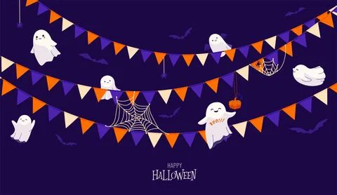 Halloween vector background with cute ghosts, flag garlands, spider with spid Stock Illustration
