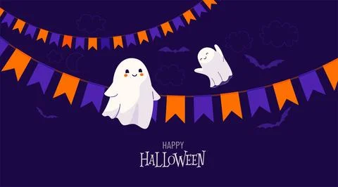 Halloween vector background with cute ghosts, flag garlands, bats in the sky, Stock Illustration