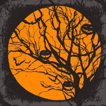 Halloween vector background. Dry tree and pumpkins. Full moon and bats Ilustração Stock