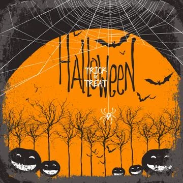 Halloween vector background. Dry tree and pumpkins. Full moon and bats. Spide Stock Illustration