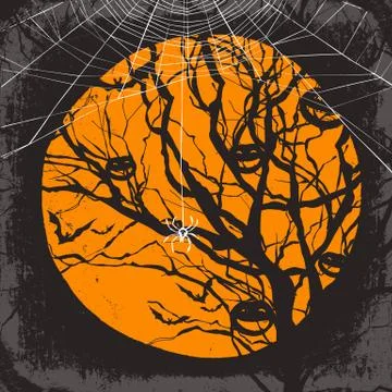 Halloween vector background. Dry tree and spider web Stock Illustration