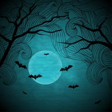 Halloween vector background with moon and bats. Stock Illustration
