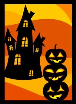 Halloween vector background with scary pumpkin lanterns and house Illustrazione stock