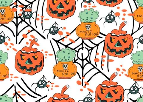 Halloween vector background. Seamless pattern with cute and fun Halloween cha Illustrazione stock