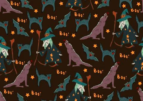 Halloween vector background. Seamless pattern with cute and fun Halloween cha Illustrazione stock