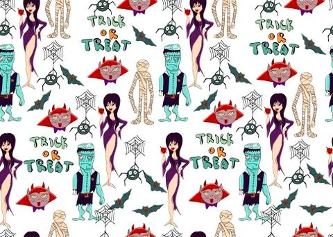Halloween vector background. Seamless pattern with cute and fun Halloween cha Illustrazione stock