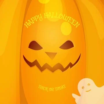 Halloween vector background with yellow pumpkin and ghost with text. Stock Illustration