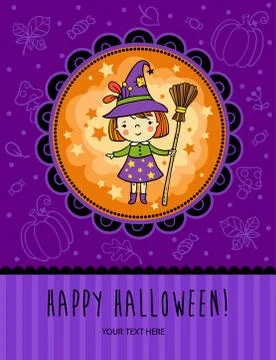 Halloween vector card with funny witch. Stock Illustration