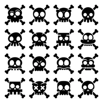 Halloween vector cartoon skull with bones icons Stock Illustration
