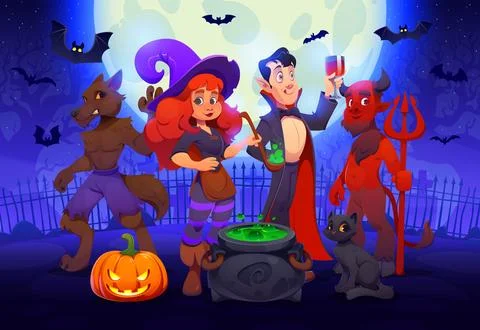 Halloween vector characters on abandoned graveyard Illustrazione stock