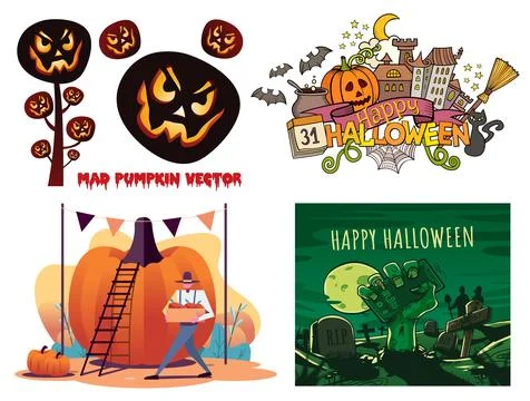 Halloween Vector Collection with Pumpkins Haunted House and Graveyard Illustrazione stock