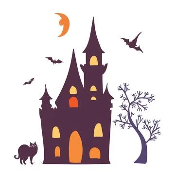 Halloween vector design elements. Castle, cat, tree and flying bats. Stock Illustration