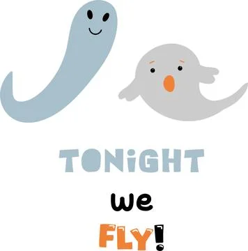 Halloween vector design elements. Cute ghosts and quote "Tonight we fly". 库存插图