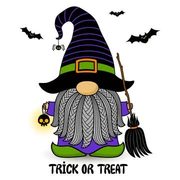 Halloween vector gnome in hat with broom and beard. Holidays greeting card. Stock Illustration