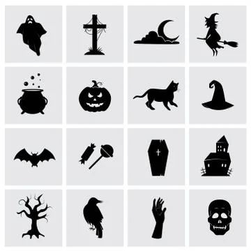 Halloween vector icon set. Collection of traditional Halloween symbols and props Stock Illustration