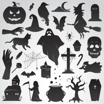 Halloween vector icon set. Collection of traditional Halloween symbols and props Stock Illustration