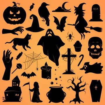 Halloween vector icon set. Collection of traditional Halloween symbols and props Stock Illustration