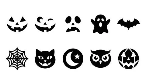 Halloween vector icons with spooky faces, ghost, bat, spider web, black cat.. Stock Illustration