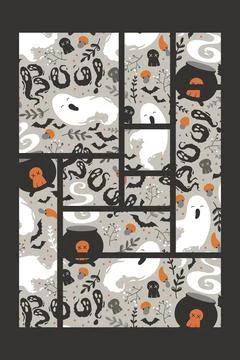 Halloween vector illustration with cute ghosts, witch cauldrons, bats, skul.. Stock Illustration