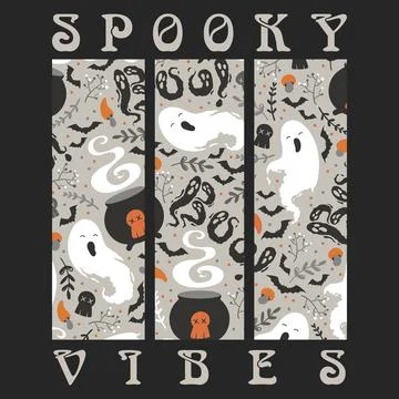Halloween vector illustration with cute ghosts, witch cauldrons, bats, skul.. Stock Illustration