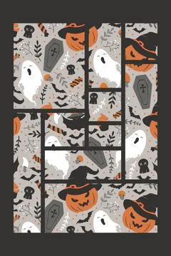 Halloween vector illustration with cute pumpkins in witch hat, ghost, sweet.. Stock Illustration