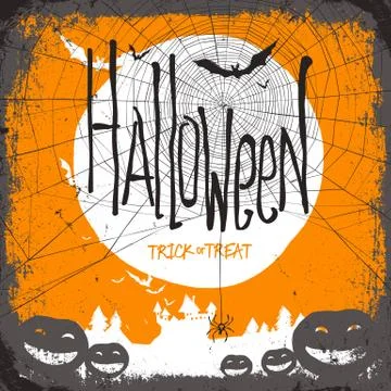 Halloween vector illustration. Dry tree, full moon and pumpkins and bats and  Stock Illustration